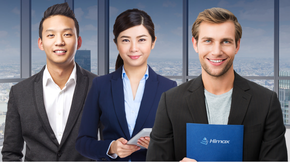 Two men and a lady holding a Himax-branded book.