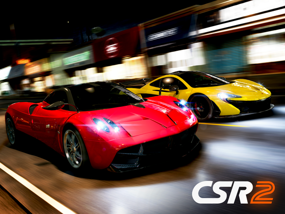 Concept art of two cars racing from Zynga's "CSR Racing 2".