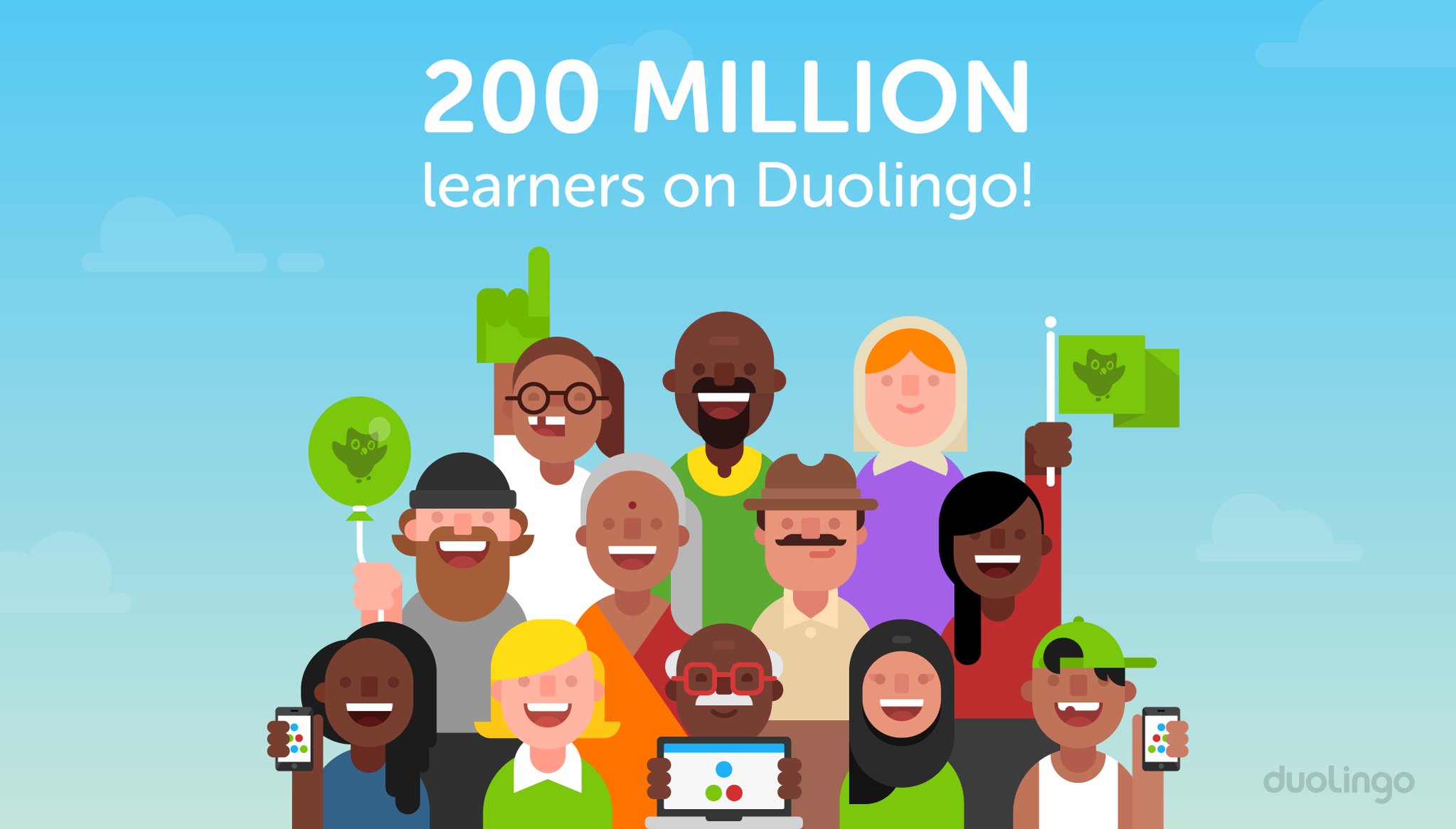 Animated picture of people with caption saying 200 million learners are on Duolingo.