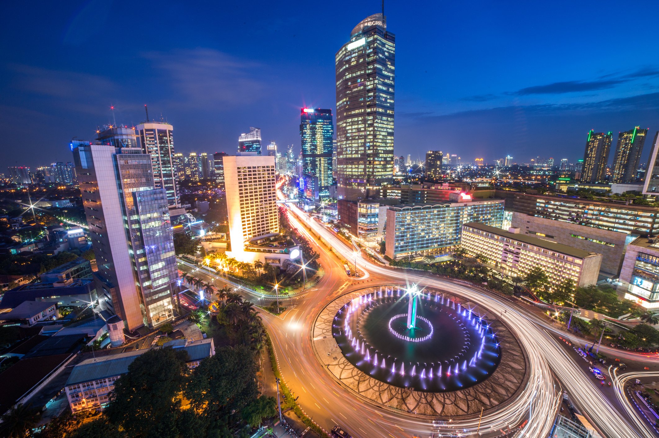 The "Welcome Monument" area in Indonesian capital Jakarta lit up at night.