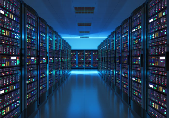 A row of computers in a data center.