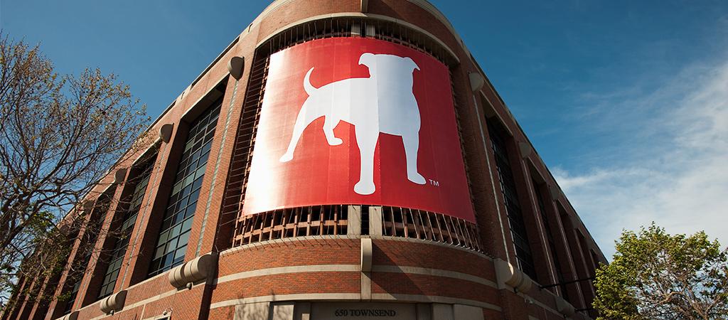 Zynga's San Francisco headquarters, with its pitbull logo displayed at the front of the building.