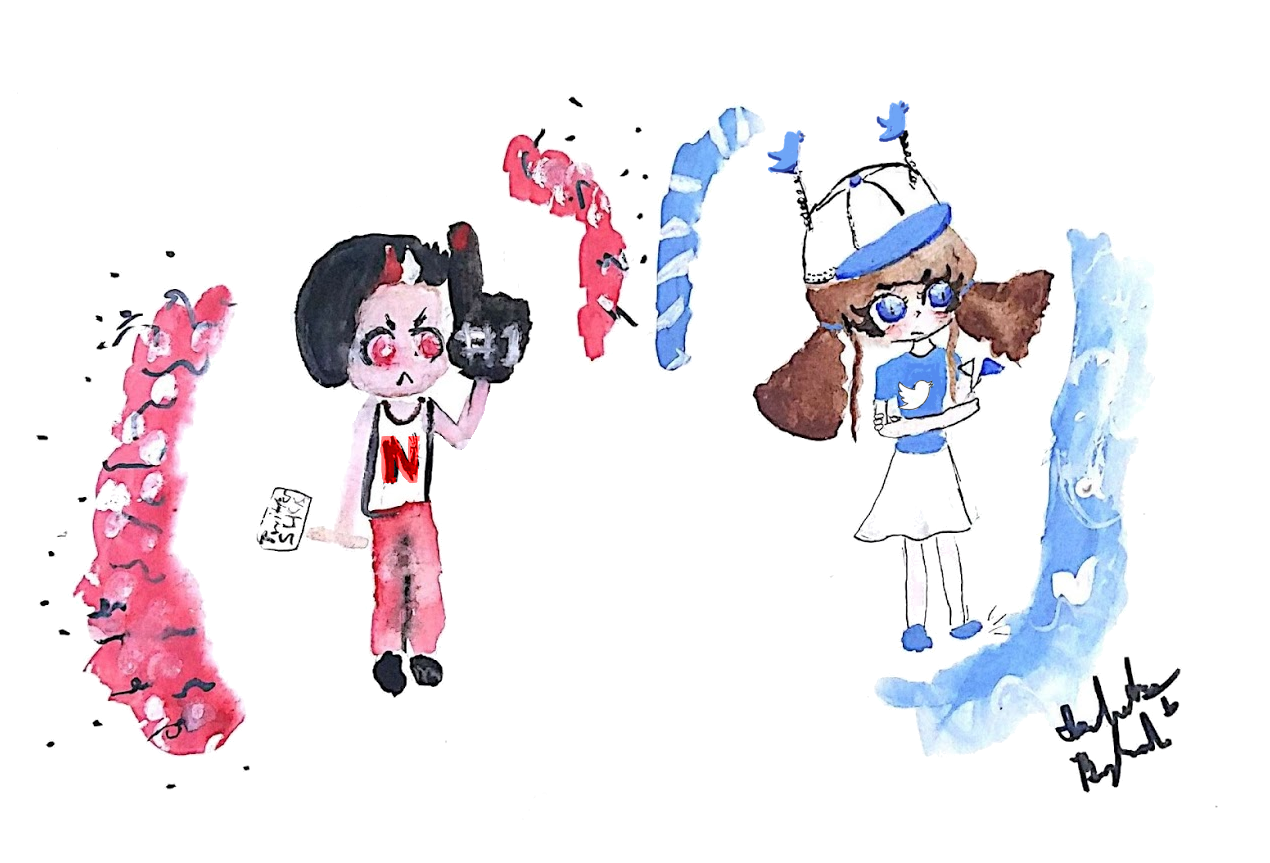 Anime-style drawing of two girls wearing clothes emblazoned with Netflix and Twitter company logos.