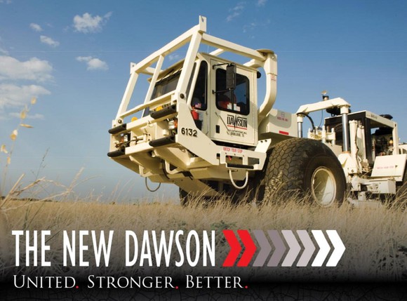 Dawson Geophysical trucking equipment in a field under an open sky, with caption reading "The New Dawson - United. Stronger. Better."