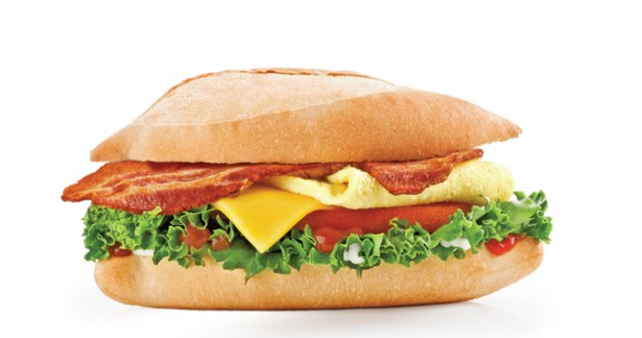 Sandwich of bacon, egg, lettuce, cheese, and mayo served on a french roll.
