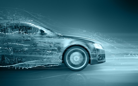 Rendering of a modern car driving through a digital headwind, all in shades of blue and gray.