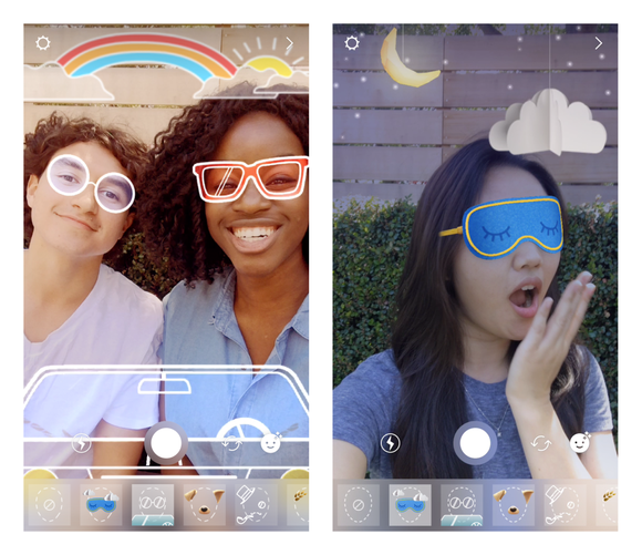 Left: Two girls with digital stickers overlaying sunglasses, a car, and a rainbow. Right: A girl with digital stickers putting a sleepmask on her and displaying a night sky.