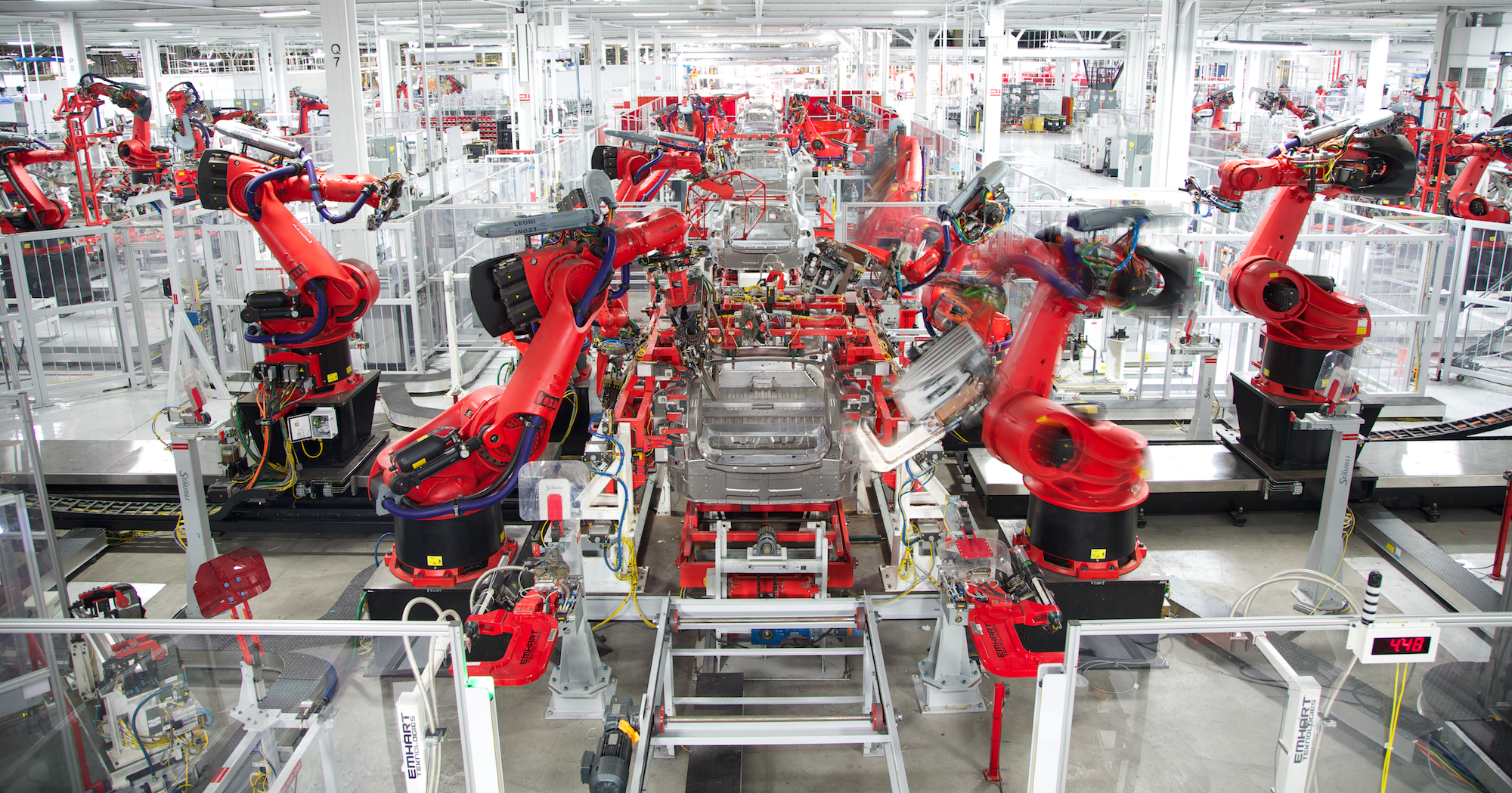 Robots manufacturing vehicles at Tesla's Fremont factory