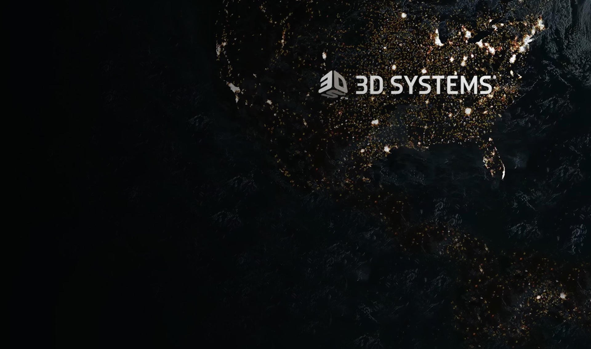 3D Systems logo on a night-time map of North America.