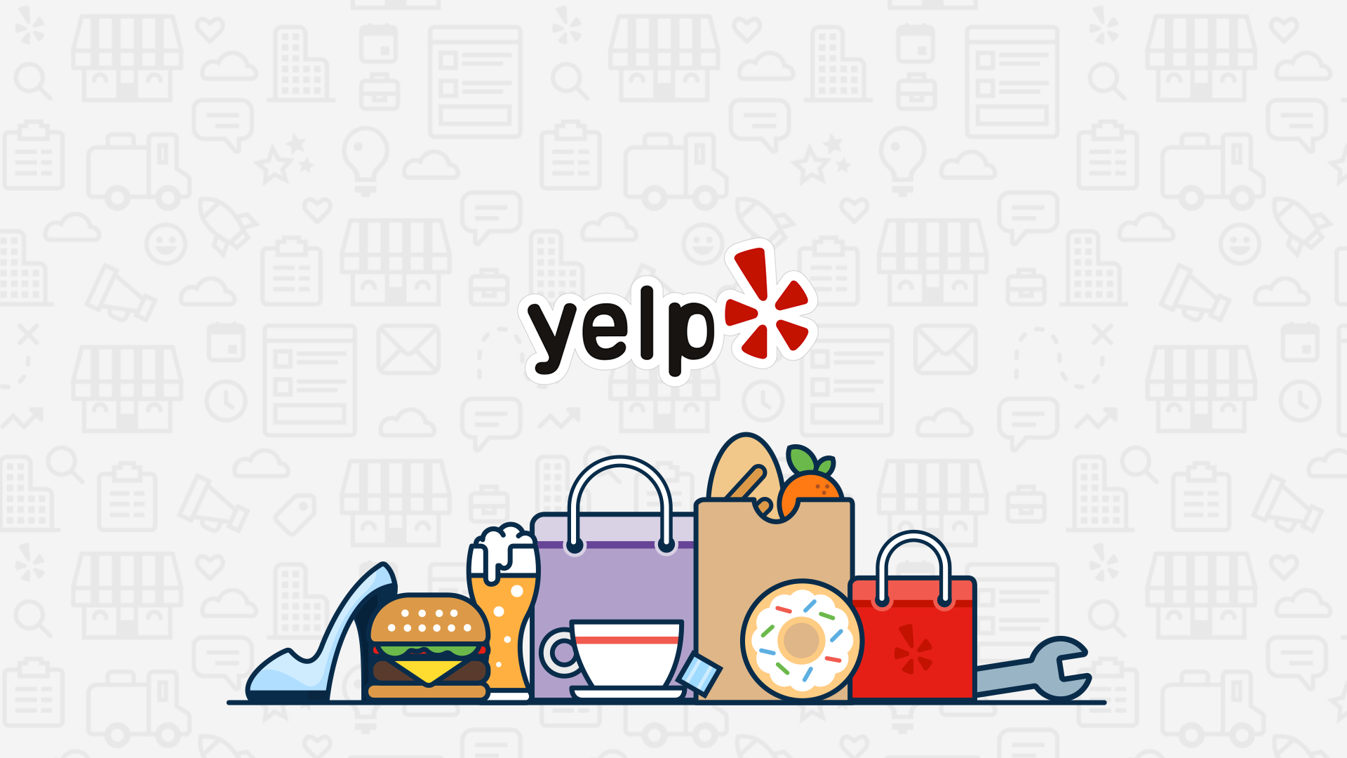 Yelp logo above animated business goods