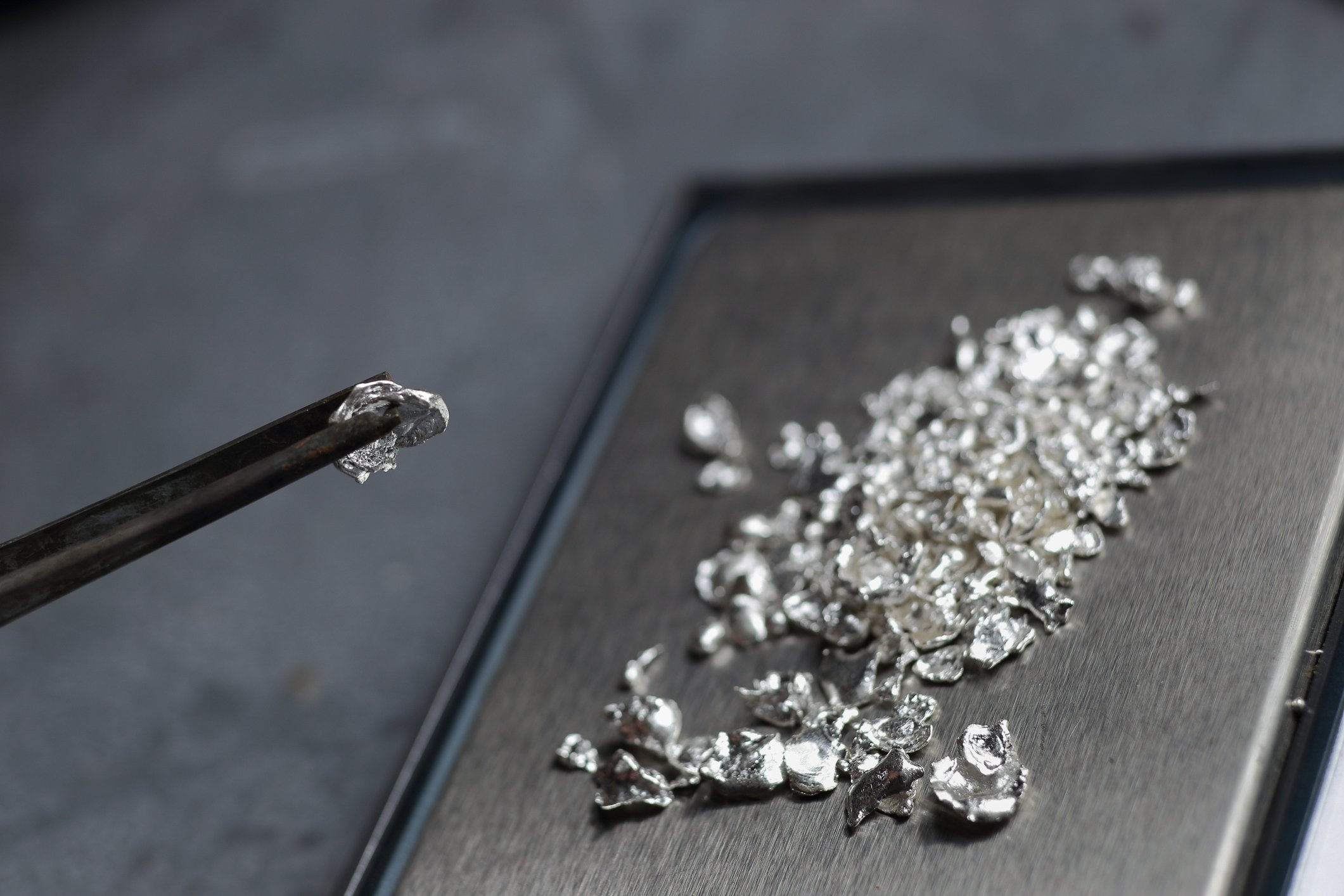 Shavings of platinum rest on a metal sheet in the background, while forceps hold a sizable piece in the forefront.