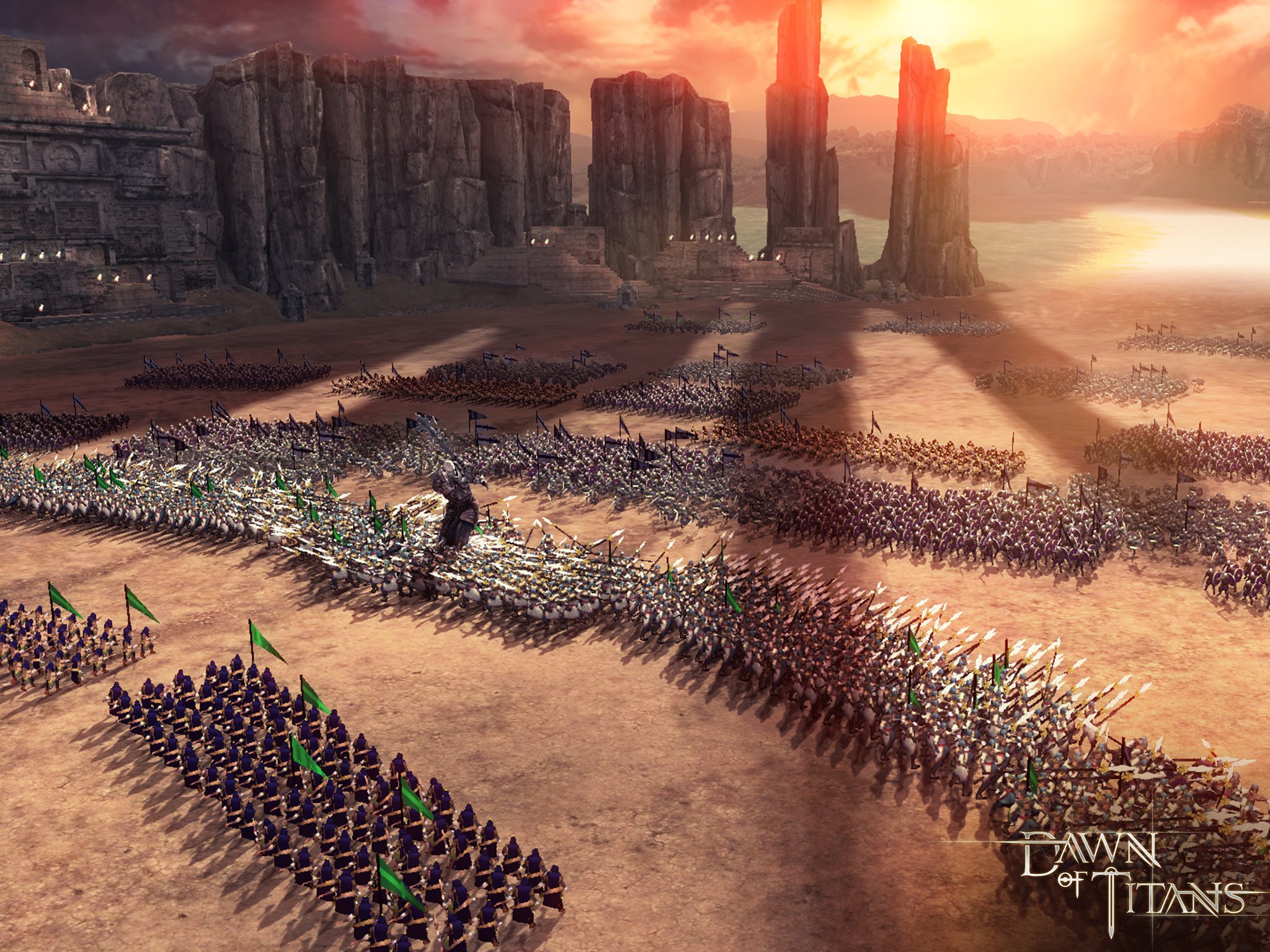 A screenshot from Zynga's "Dawn of Titans" showing troops in a medieval, fantasy landscape. 