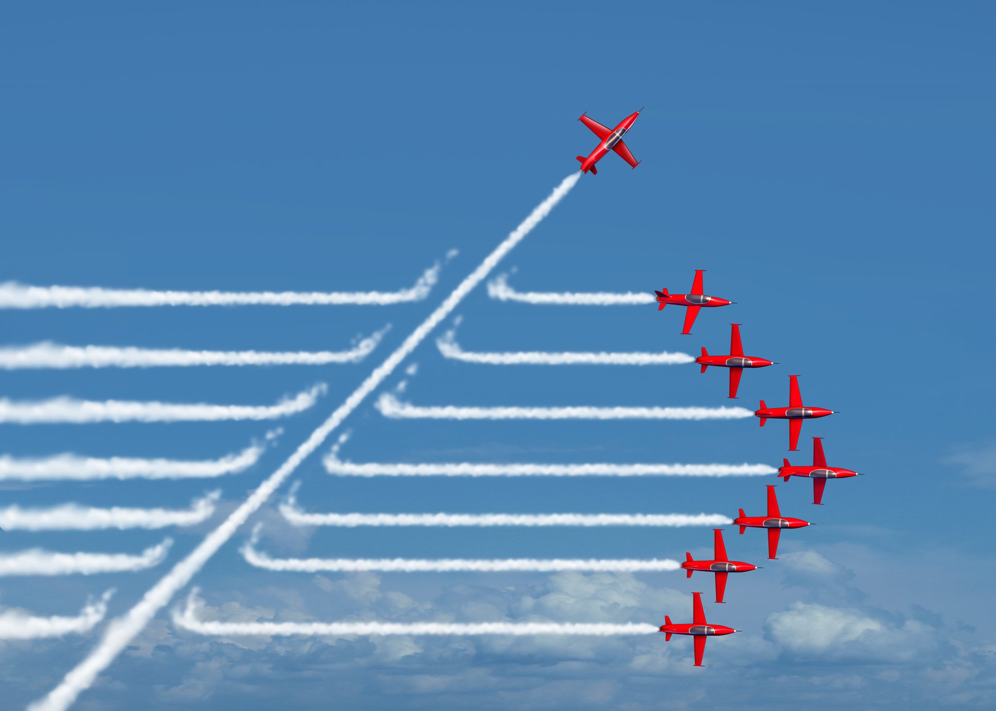 Seven jets flying in formation but an eighth jet cuts across the formation's contrails, diagonally upward.