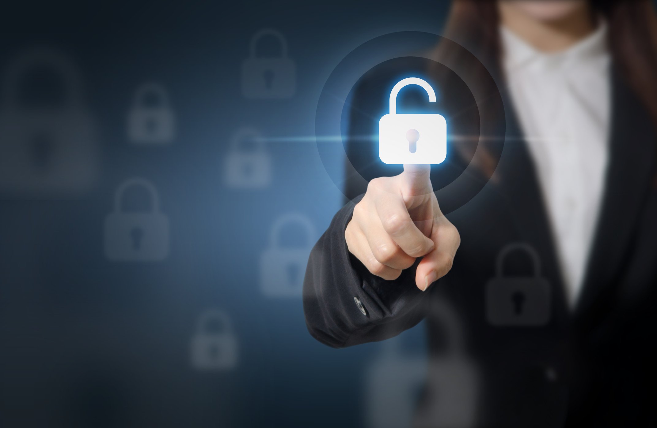 Several padlock icons floating in the air, and a woman is pressing one lock in solid white.