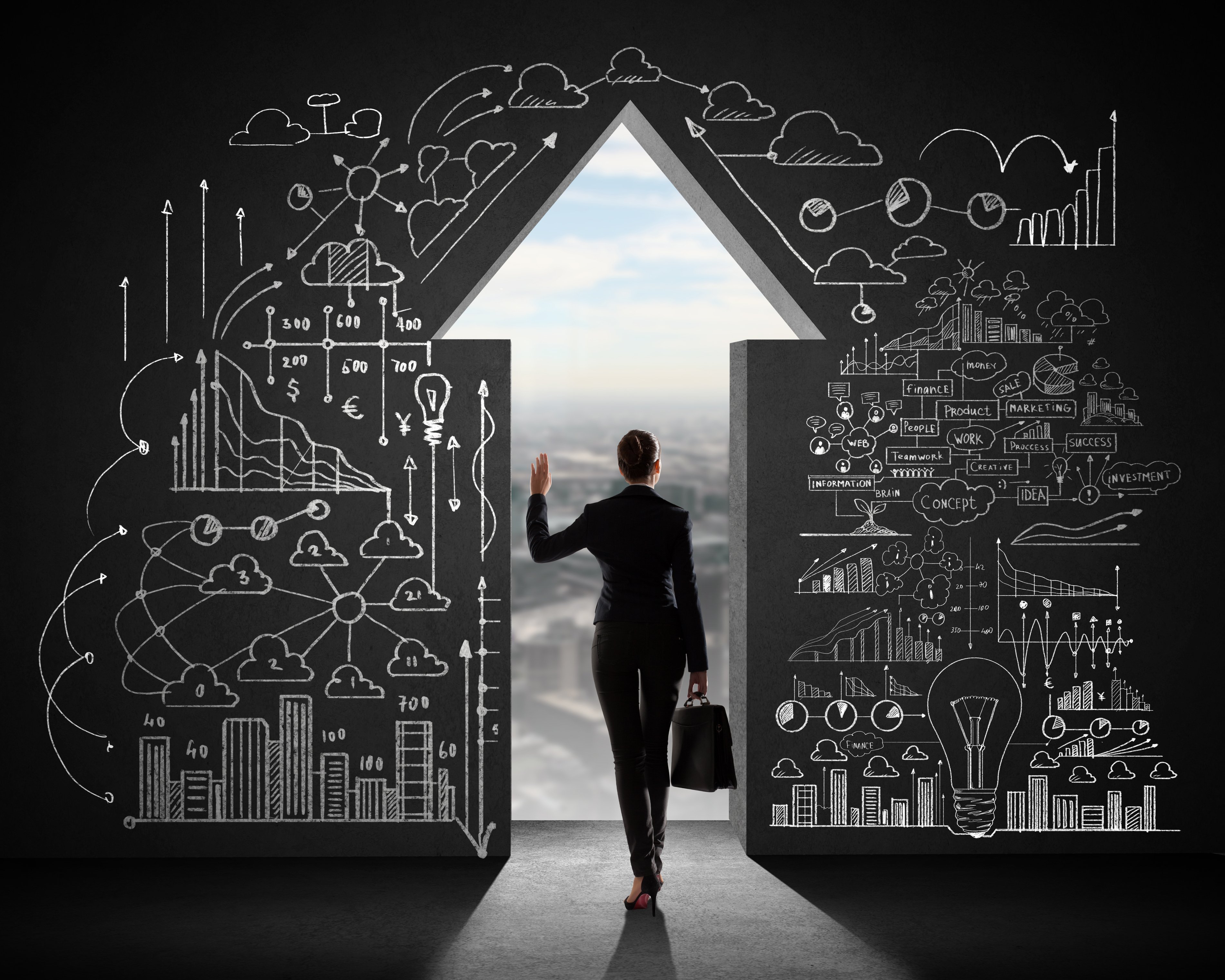 A business woman walking through a doorway in the shape of an upward facing arrow.