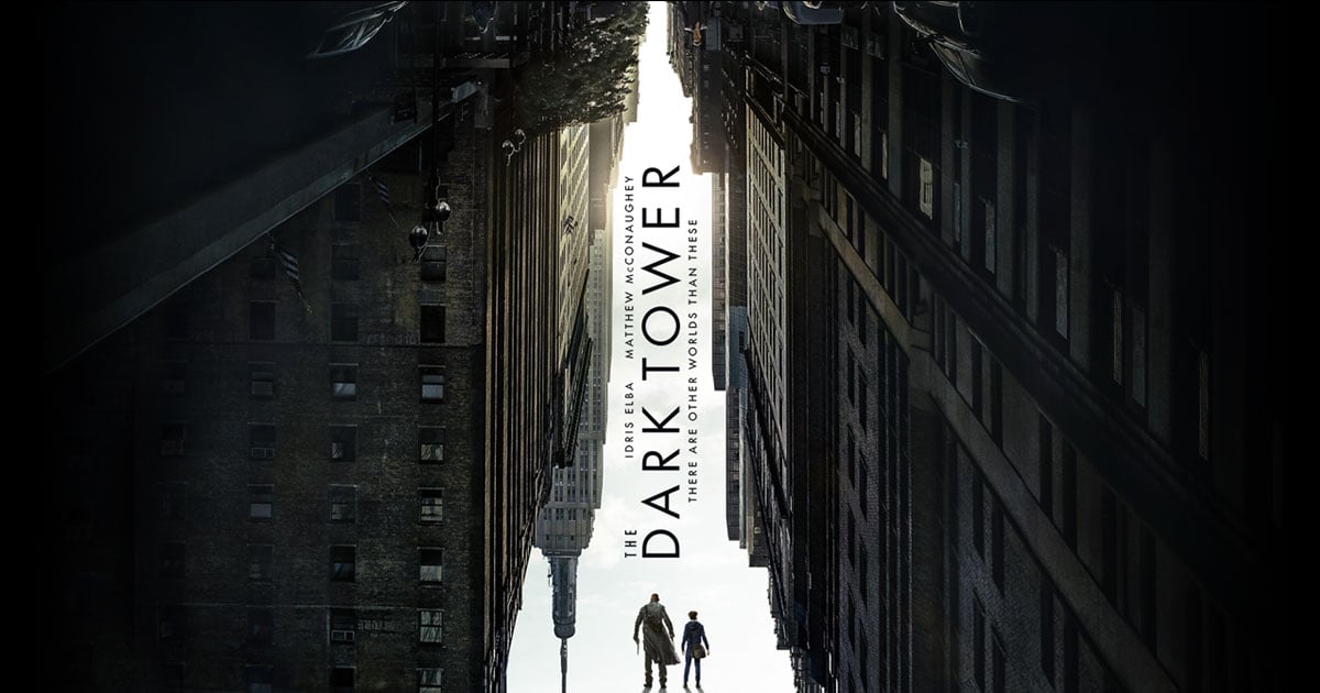 Poster for Sony's "The Dark Tower" with two characters walking between skyscrapers and the negative space creating the image of a tower.