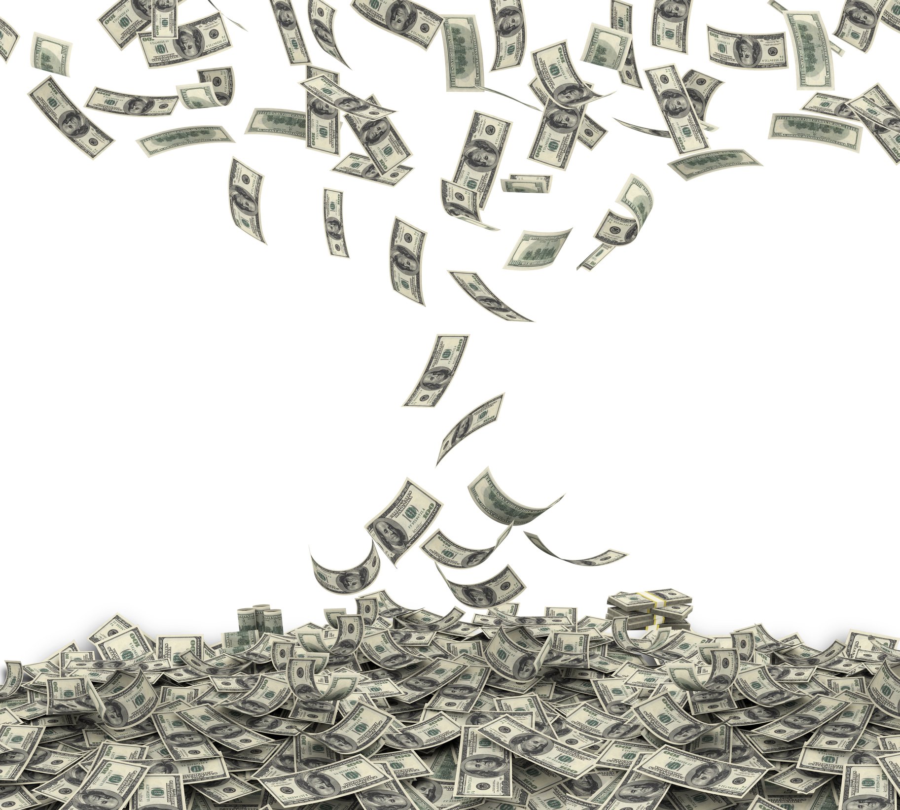 Above a large pile of currency, several more pieces of currency move in a tornado-like pattern.