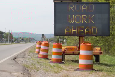 Road Work Ahead Sign on Road