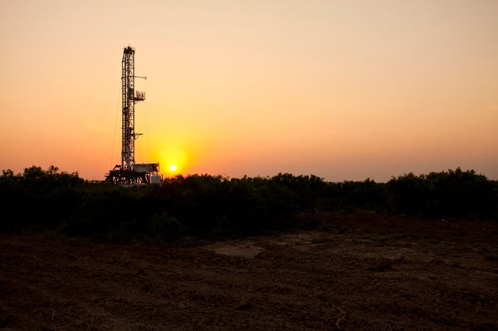 A drilling rig in the Eagle Ford Shale at sunset.