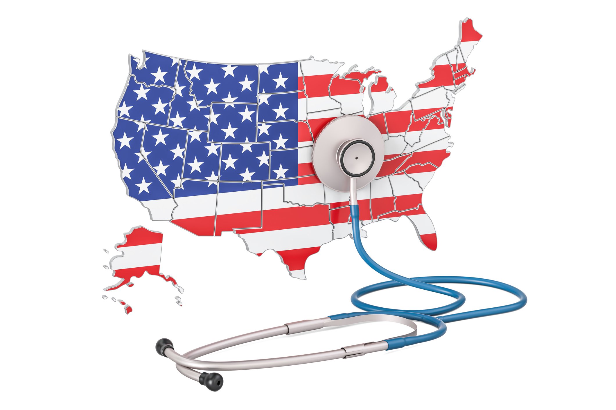Map of the United States with a U.S. flag overlaid and stethoscope