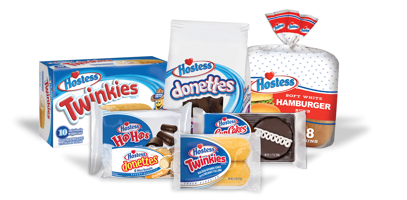 Various Hostess products, including Twinkies, donettes, and hamburger buns