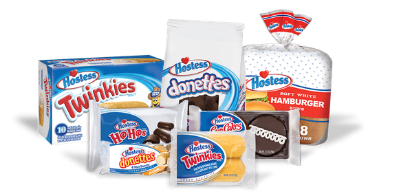 Various Hostess products, including Twinkies, donettes, and hamburger buns