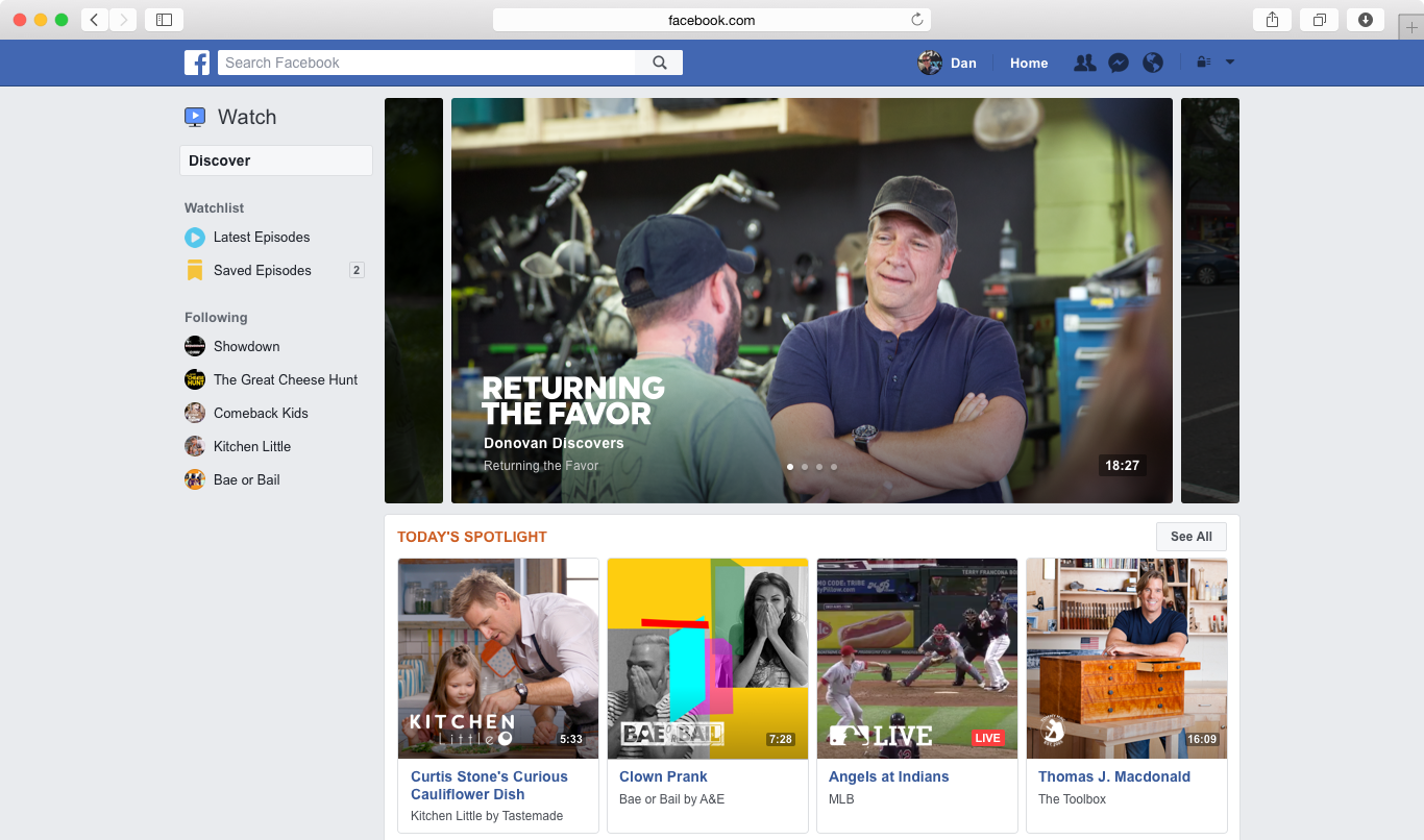 Interface for Facebook Watch on desktop