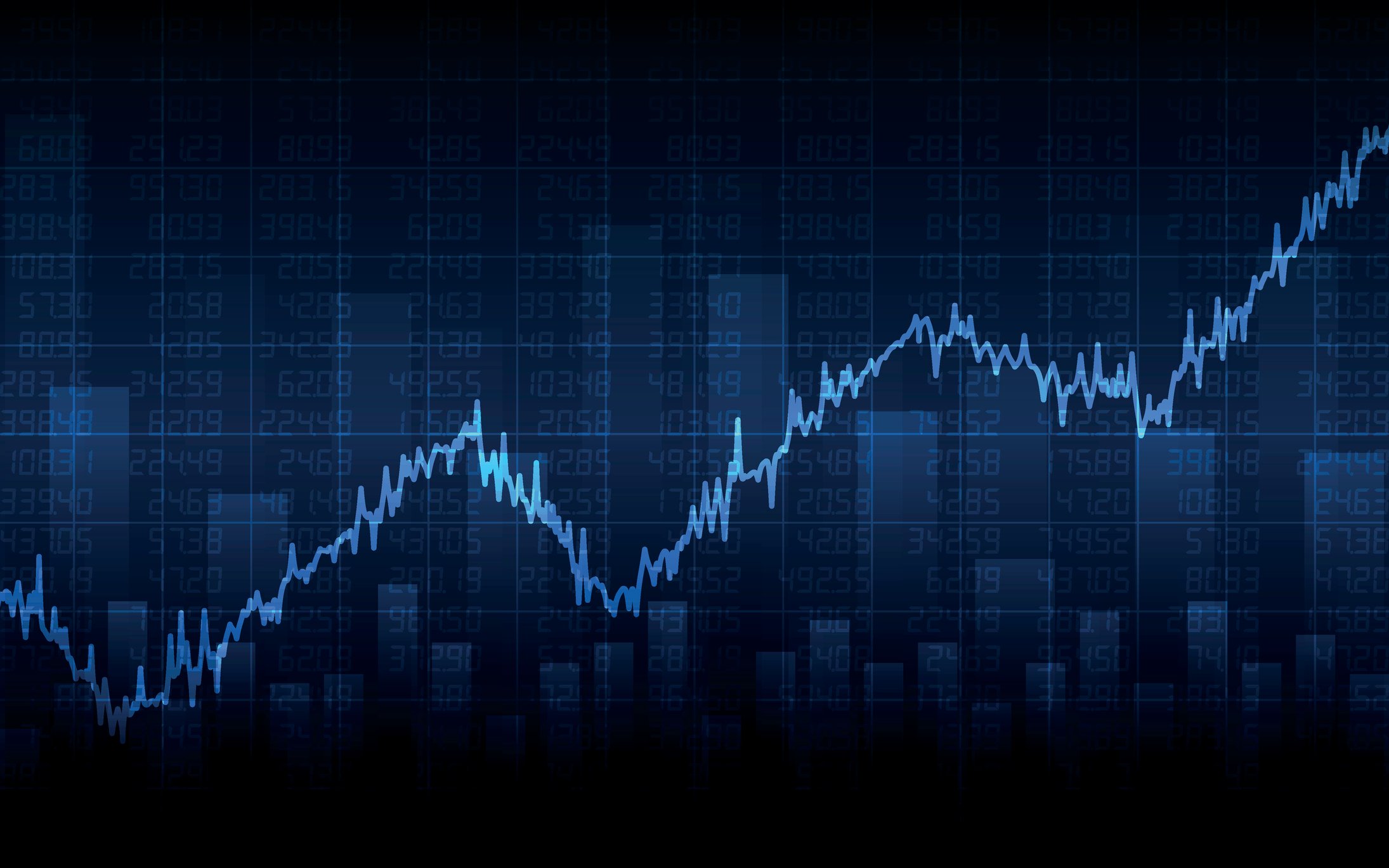 Line graph moving up on blue background.