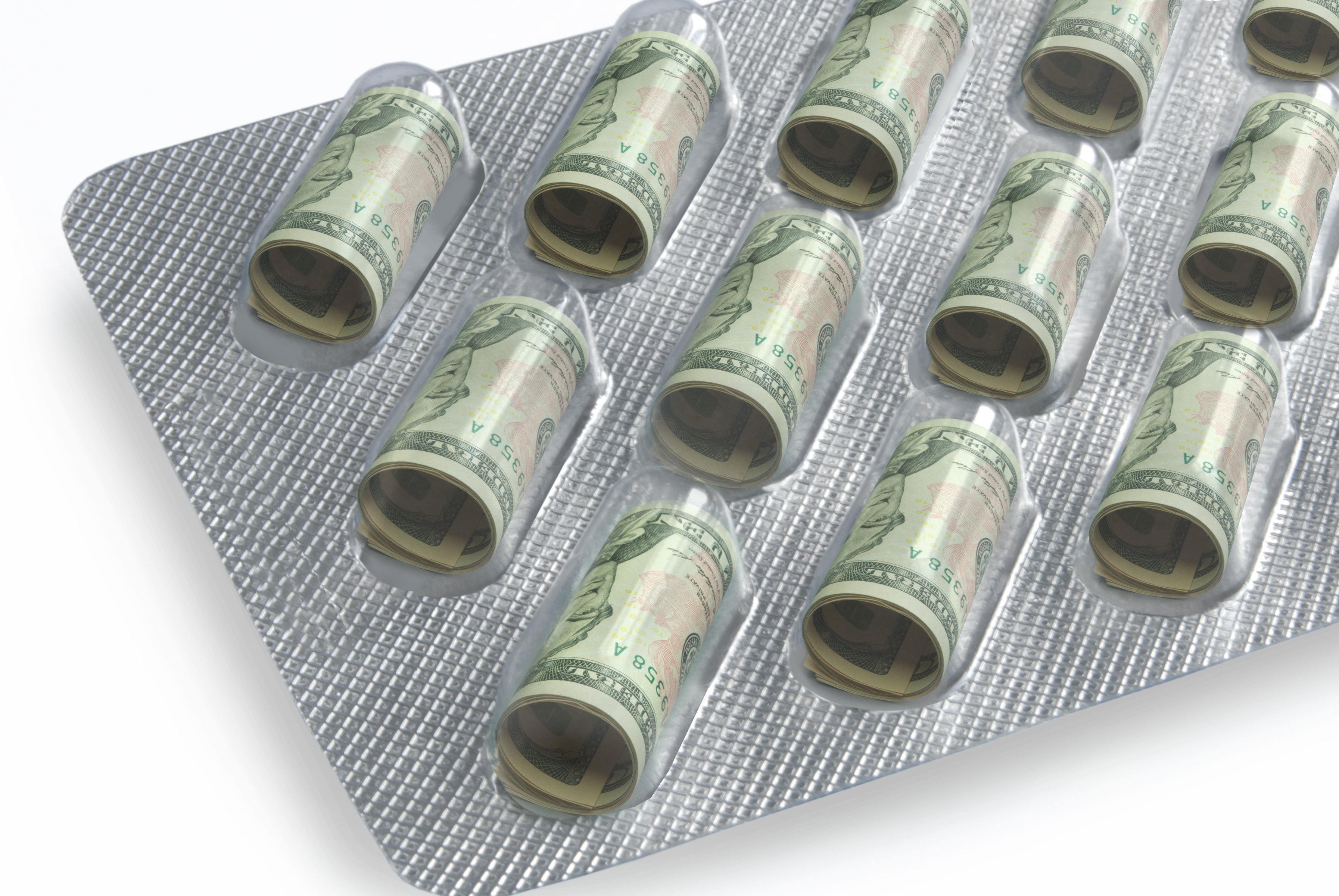 Blister pack full of rolled-up dollar bills instead of pills.
