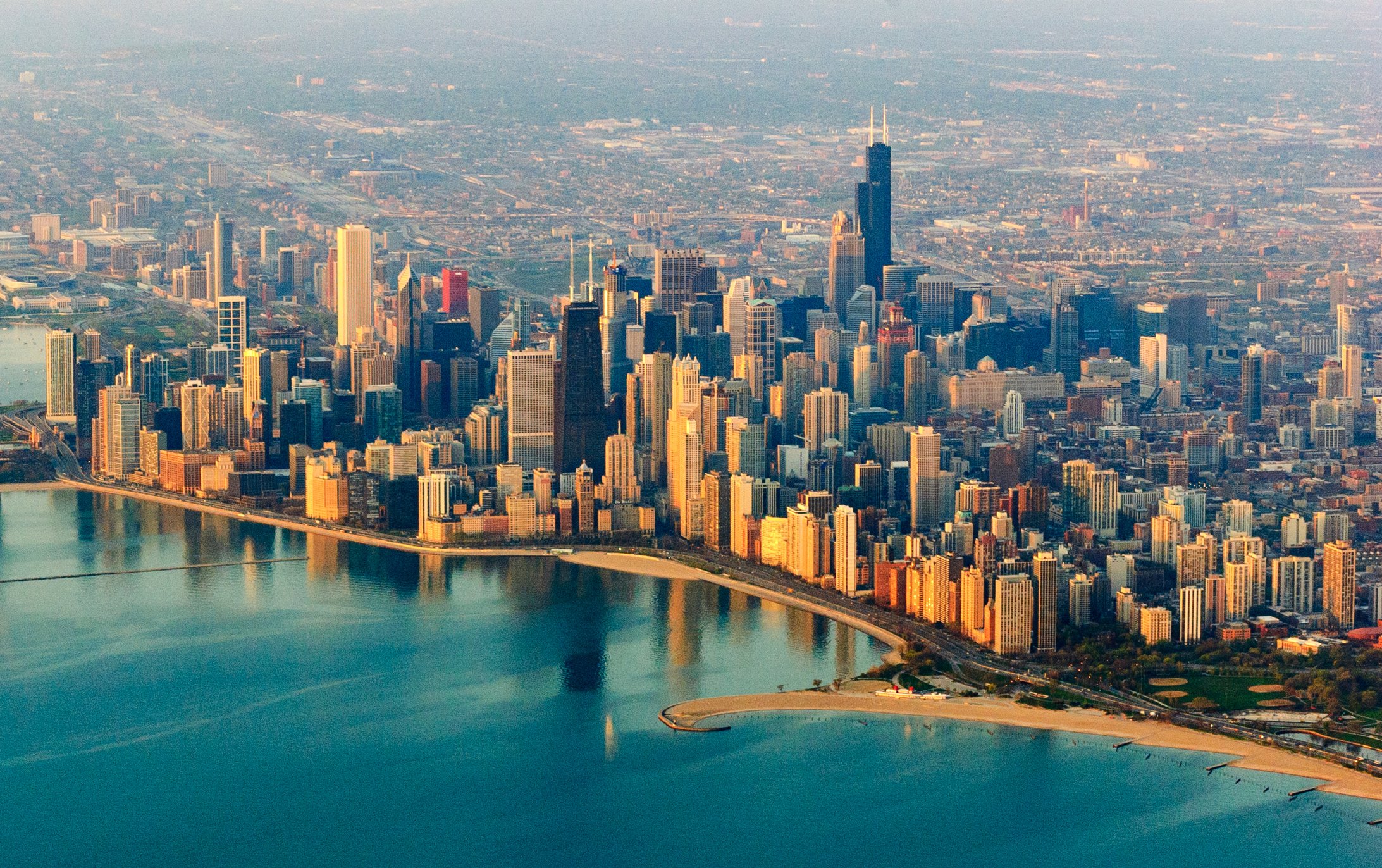Aerial view of Chicago and the coast of Lake Michigan