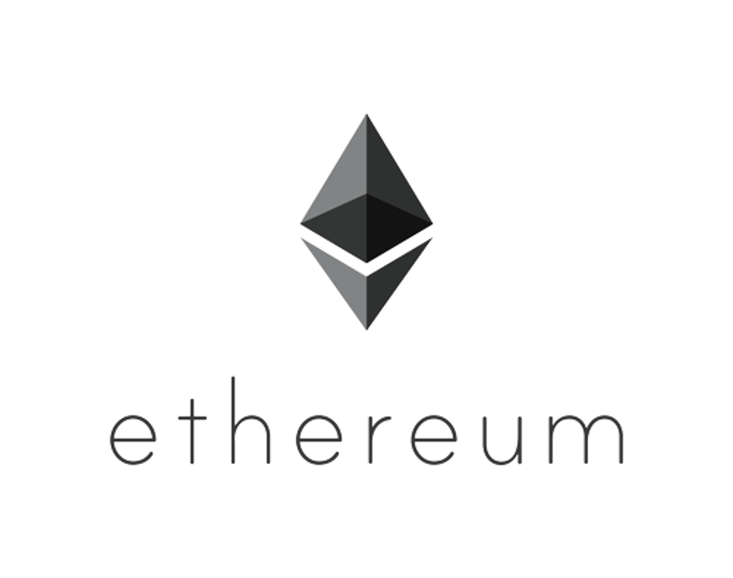 Ethereum logo, grayscale on a blank field.