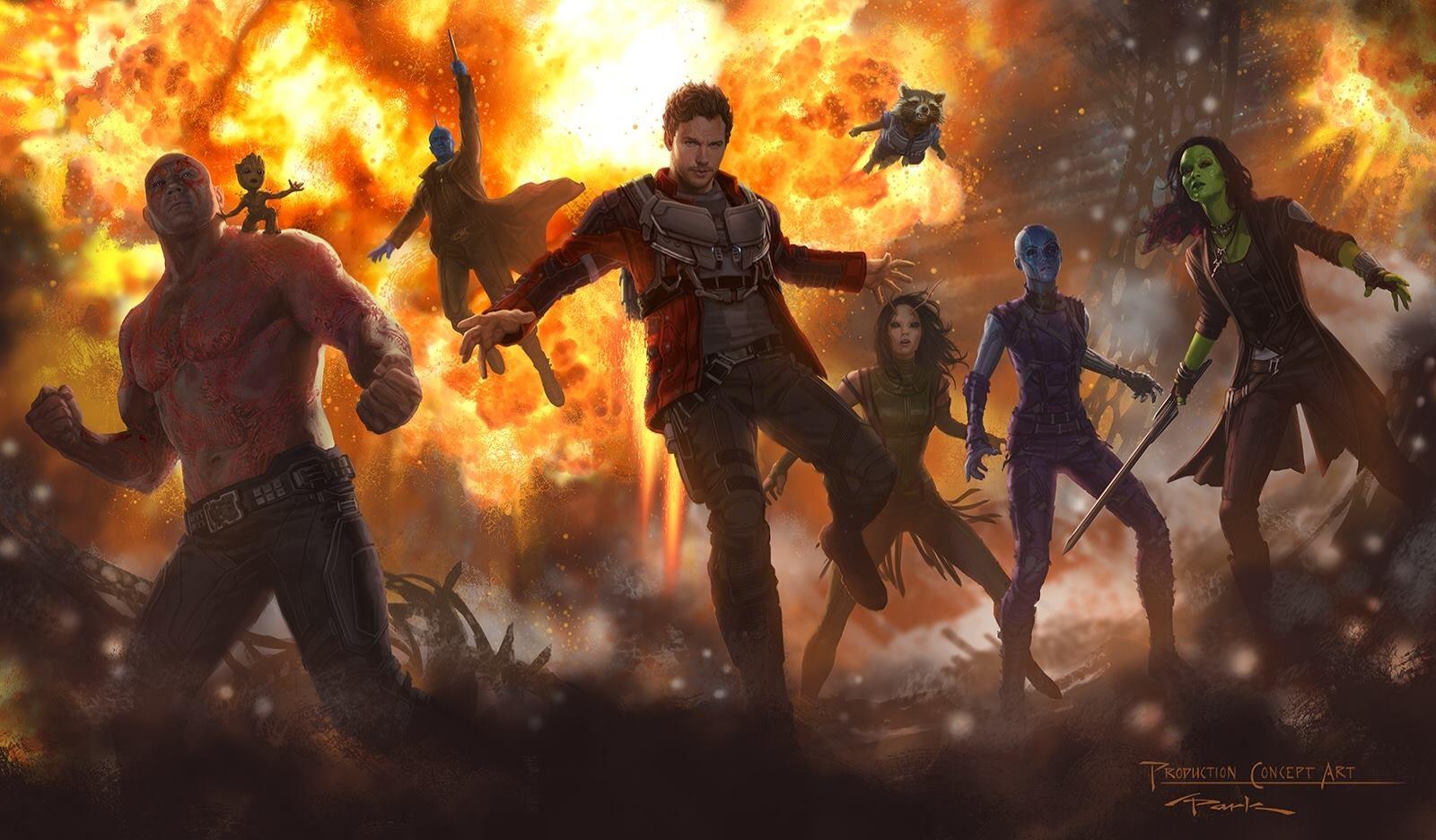 Characters from "Guardians of the Galaxy 2" standing in front of an explosion.