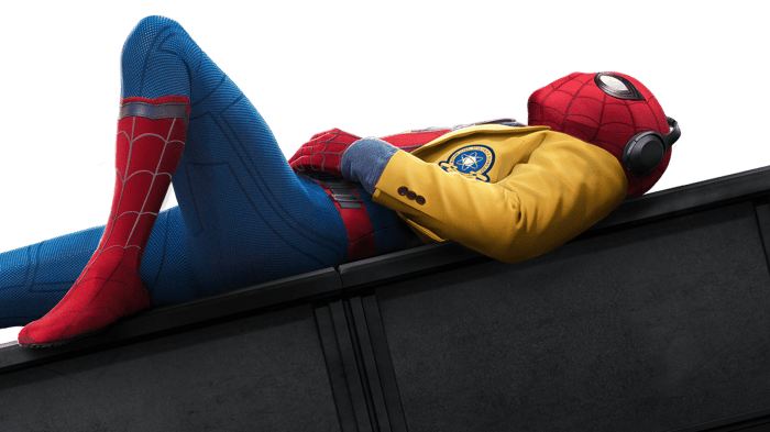 Spider-Man lying down and listening to music.