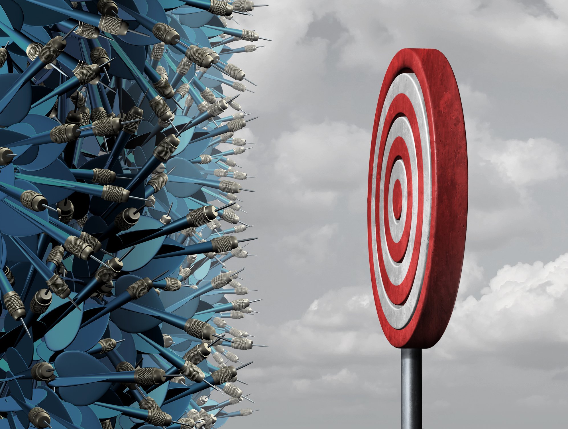 Dozens of blue darts crowded in front of a single, classic red-and-white dartboard target.