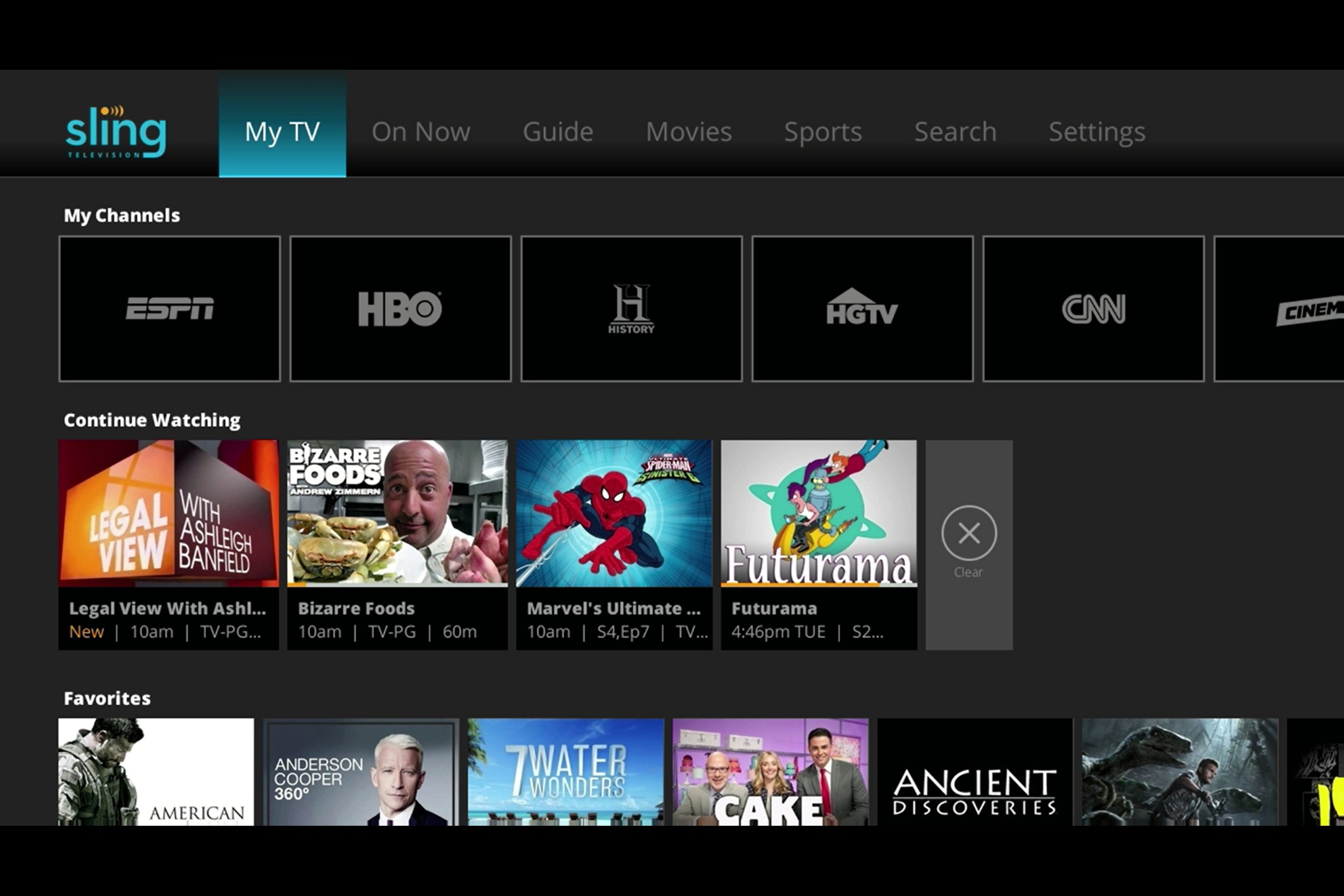 The SLing TV hiome screen