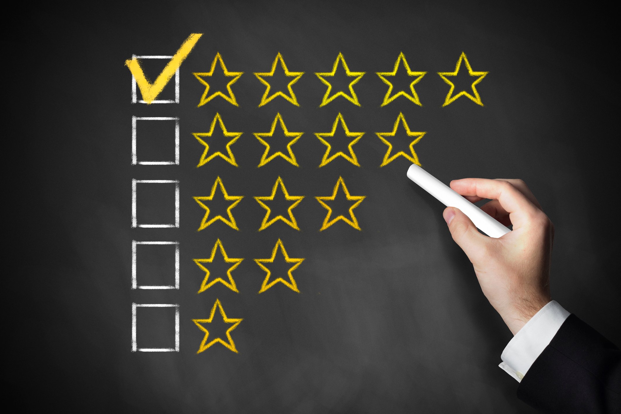 Chalkboard checklist of one-, two-, three-, four-, and five-star ratings with the five-star rating selected.