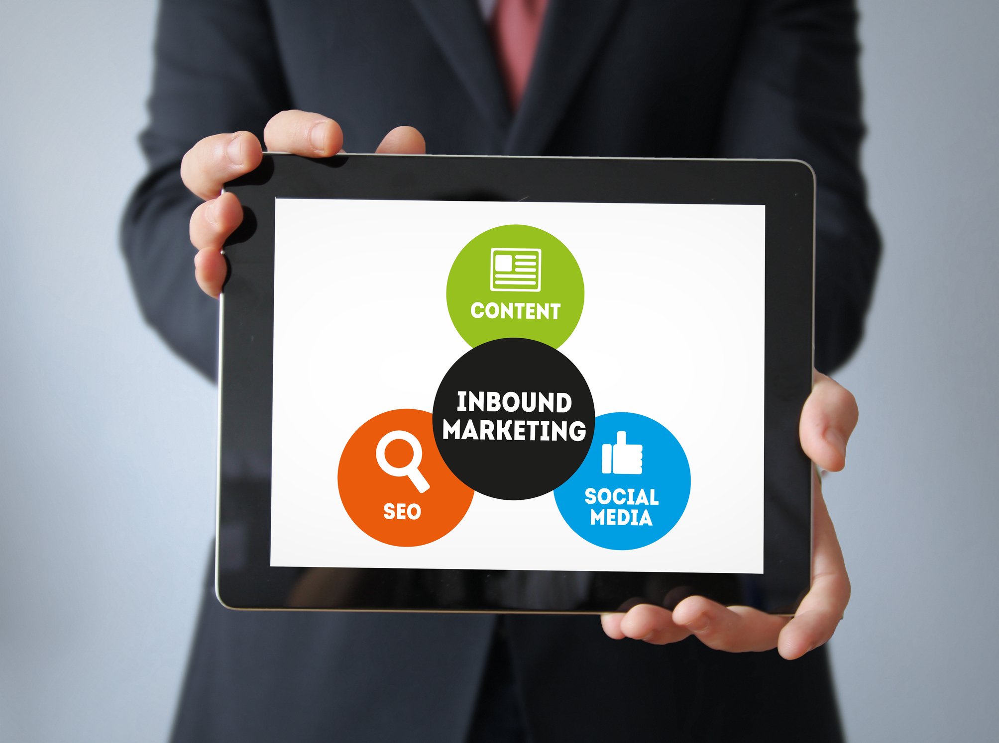 Man holding tablet showing the elements of inbound marketing