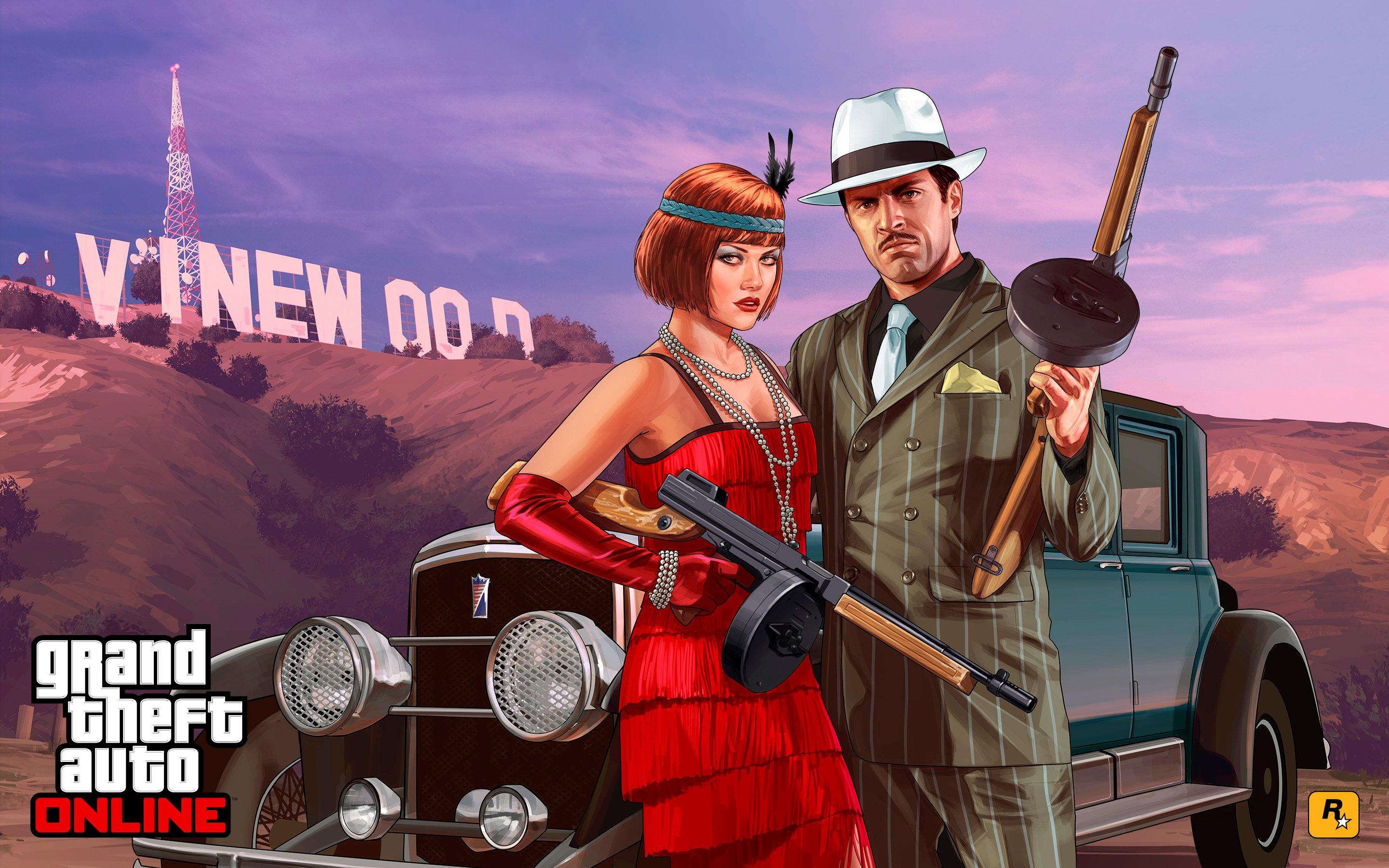 Grand Theft Auto game art depicting a man and woman dressed in 1920's attire holding machine guns. 