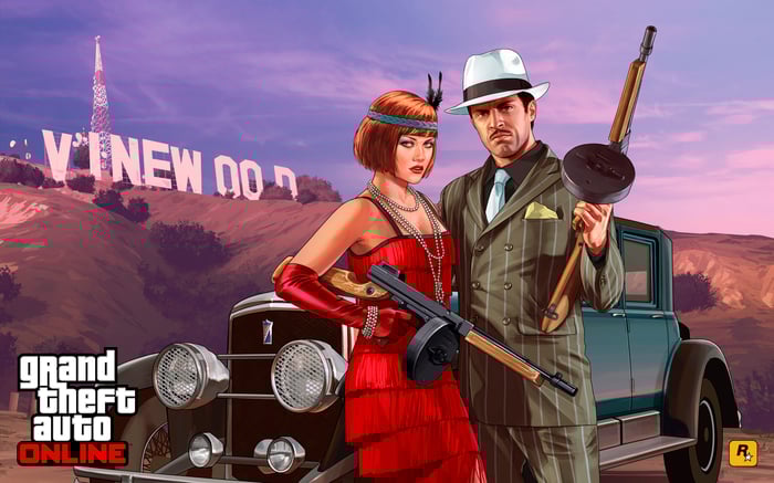Grand Theft Auto game art depicting a man and woman dressed in 1920's attire holding machine guns. 