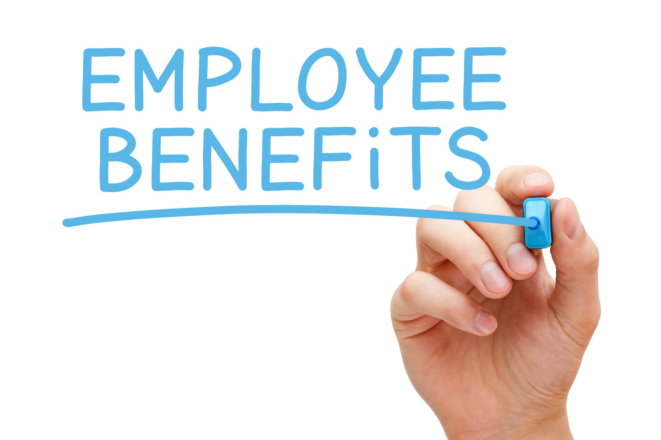 A hand holding a blue marker writes the words employee benefts 
