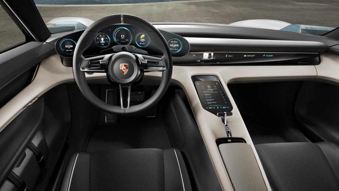 The Porsche Mission E Concept's dashboard and controls.