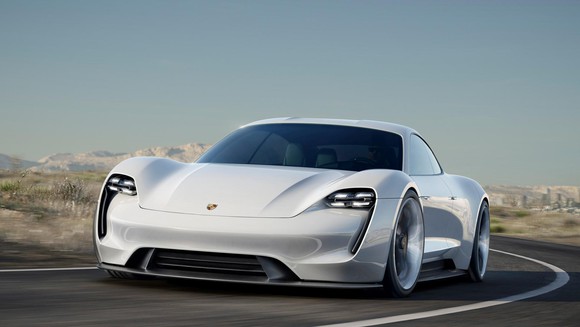 Porsche Mission E Concept, a white four-door sports car.