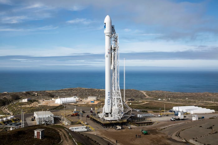 Falcon 9 rocket on launch pad.