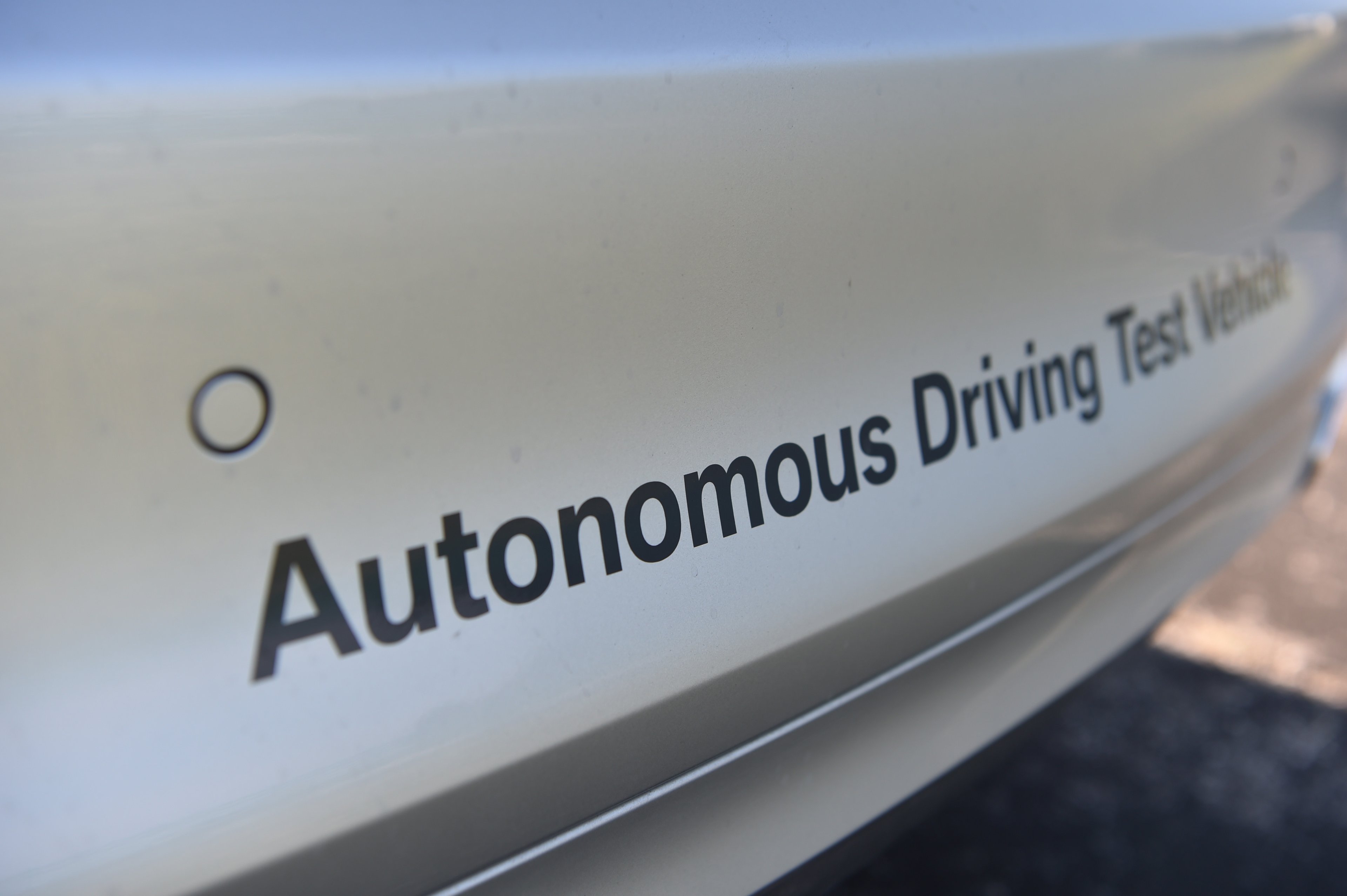 A close-up of a BMW autonomous-driving test vehicle. 