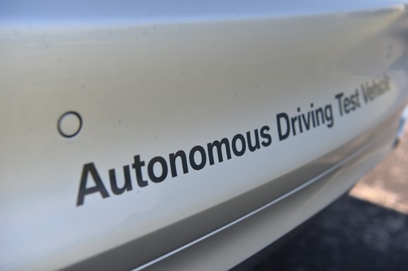 A close-up of a BMW autonomous-driving test vehicle. 
