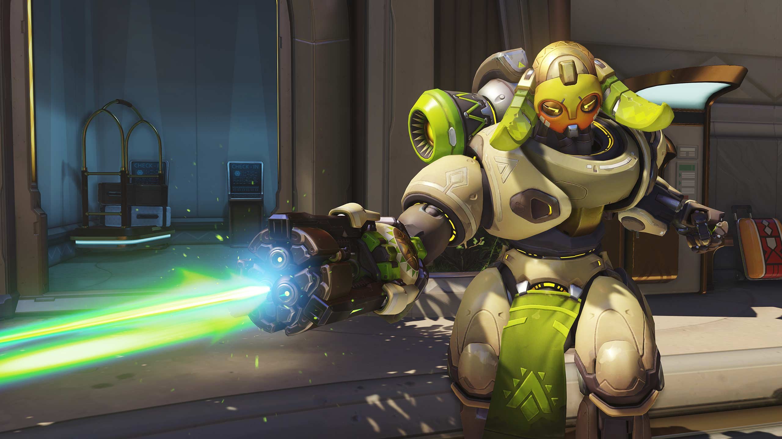 'Overwatch" character shooting a laser gun.
