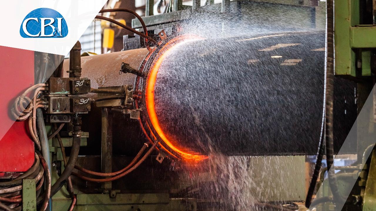 Pipeline with fastening connection glowing red-hot.