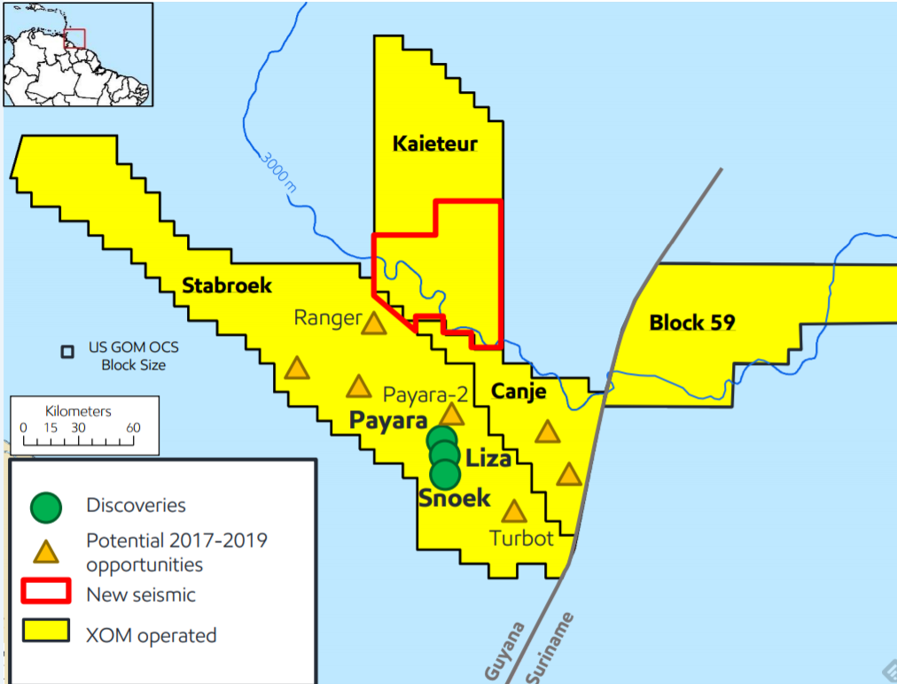 Exxonmobil's acreage off the coast of Guyana and Suriname. Map shows XOMs three discoveries cluttered in a group with several more opportunities elsewhere