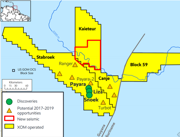 Exxonmobil's acreage off the coast of Guyana and Suriname. Map shows XOMs three discoveries cluttered in a group with several more opportunities elsewhere