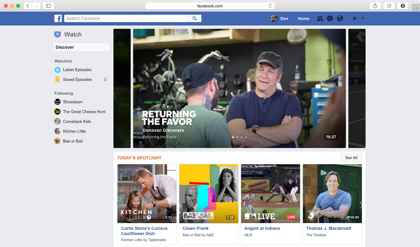 Screenshot of Facebook's new Watch page with suggested shows.